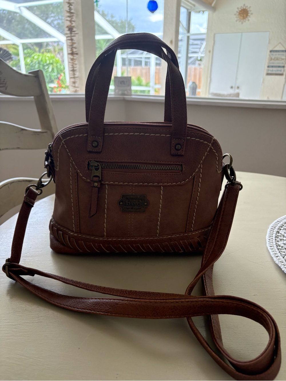 b.o.c. Brown Leatherette Top-Handle Crossbody Bag with Whipstitch Detail